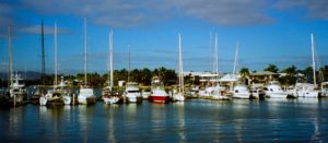 Yachts lined up neatly at the marina in Port Denarau, the gateway to the Mamanucas and Yasawas, Fiji