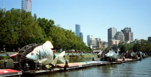 Down the Yarra River with view of the Eureka and Rialto Towers, Melbourne, VIC